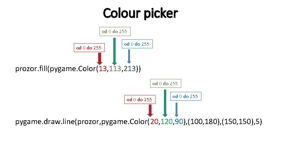 Colour picker od 0 do 255 prozor. fill(pygame. Color(13, 113, 213)) od 0 do