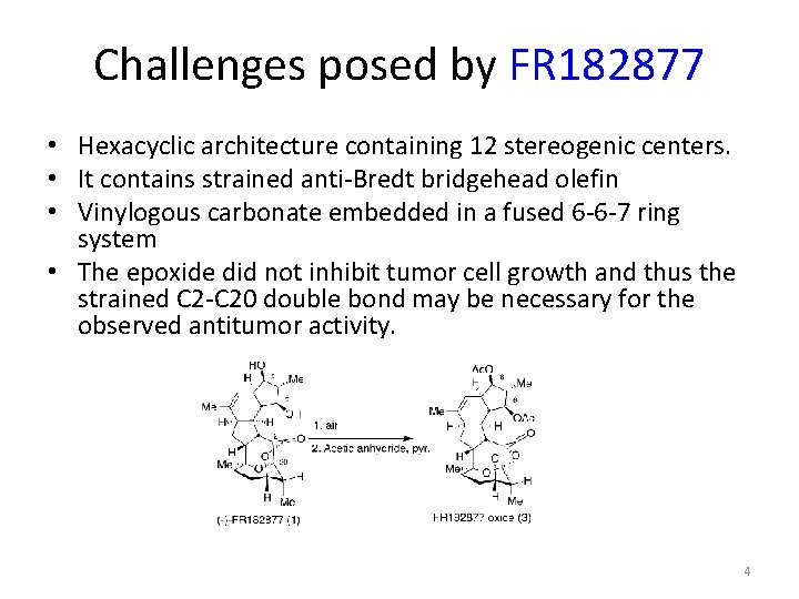 Challenges posed by FR 182877 • Hexacyclic architecture containing 12 stereogenic centers. • It