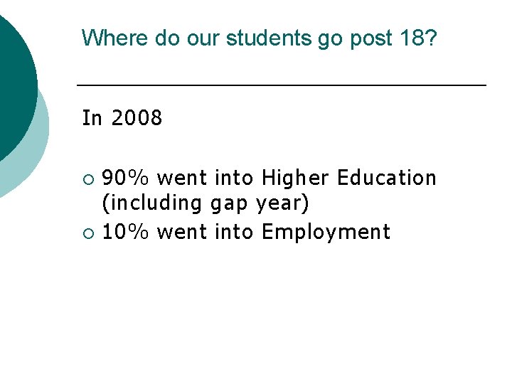 Where do our students go post 18? In 2008 90% went into Higher Education