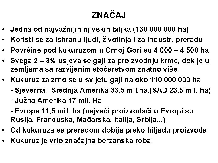 ZNAČAJ • • Jedna od najvažnijih njivskih biljka (130 000 ha) Koristi se za