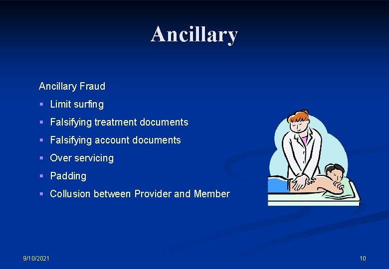 Ancillary Fraud § Limit surfing § Falsifying treatment documents § Falsifying account documents §