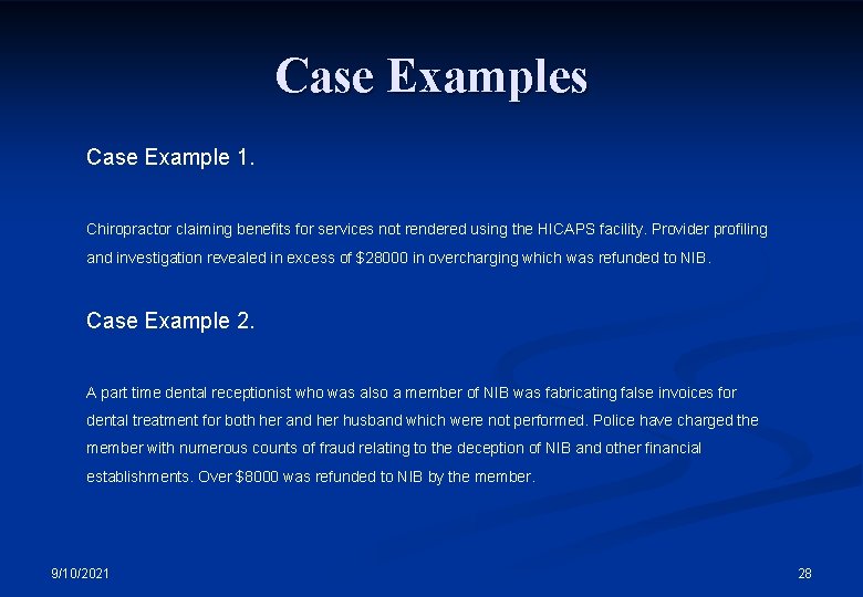 Case Examples Case Example 1. Chiropractor claiming benefits for services not rendered using the