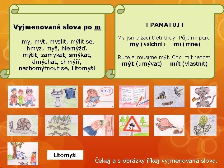 Vyjmenovaná slova po m my, mýt, myslit, mýlit se, hmyz, myš, hlemýžď, mýtit, zamykat,