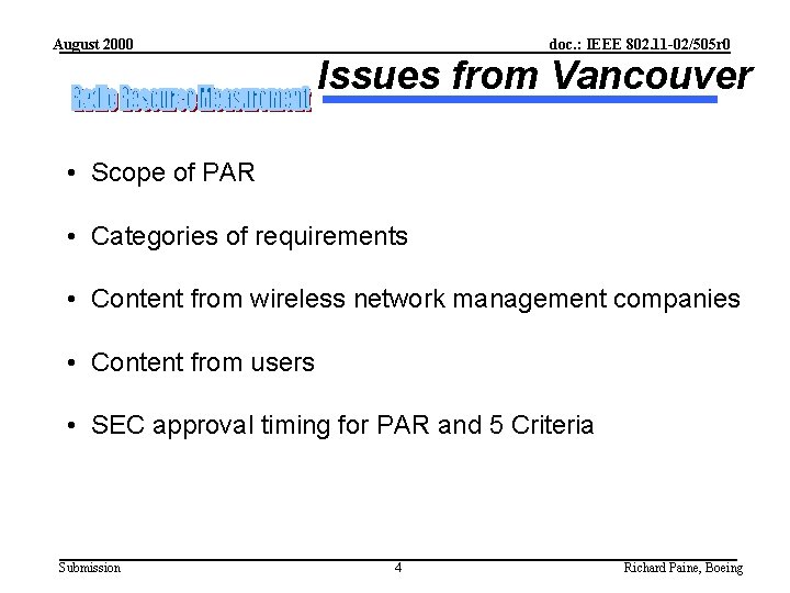 August 2000 doc. : IEEE 802. 11 -02/505 r 0 Issues from Vancouver •