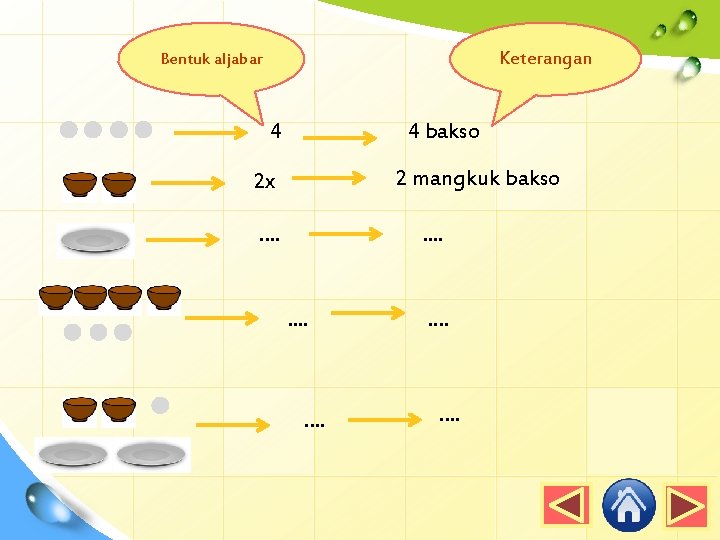 Keterangan Bentuk aljabar 4 4 bakso 2 mangkuk bakso 2 x. . . 