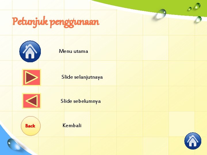 Petunjuk penggunaan Menu utama Slide selanjutnaya Slide sebelumnya Back Kembali 