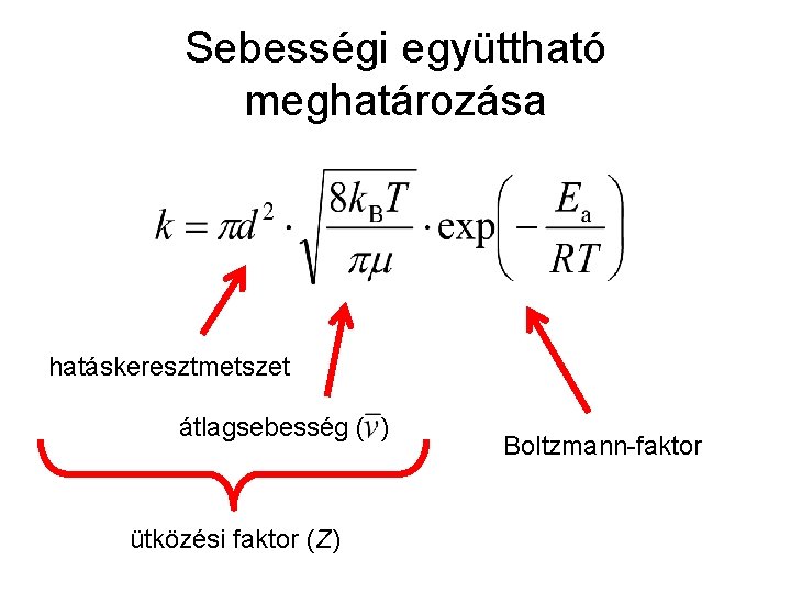 Sebességi együttható meghatározása hatáskeresztmetszet átlagsebesség ( ) ütközési faktor (Z) Boltzmann-faktor 