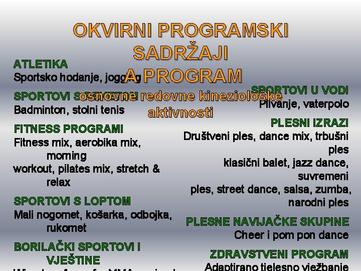 OKVIRNI PROGRAMSKI SADRŽAJI ATLETIKA Sportsko hodanje, jogging A PROGRAM SPORTOVI U VODI SPORTOVI Sosnovne