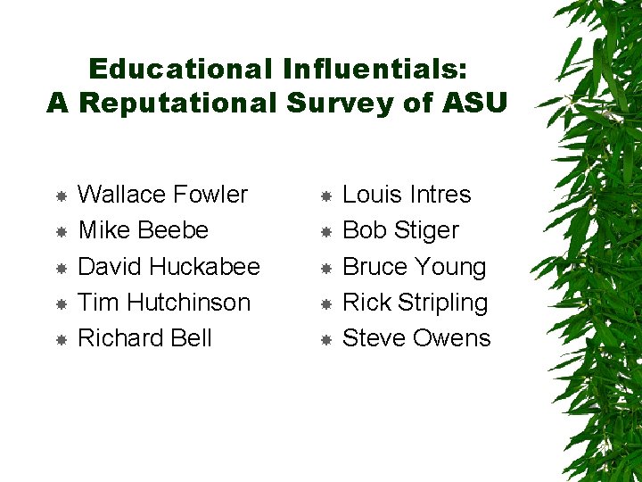 Educational Influentials: A Reputational Survey of ASU Wallace Fowler Mike Beebe David Huckabee Tim