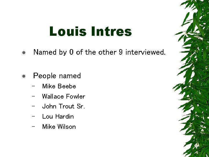 Louis Intres Named by 0 of the other 9 interviewed. People named – –