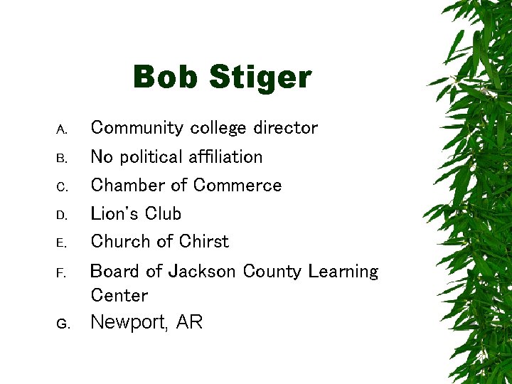Bob Stiger A. B. C. D. E. F. G. Community college director No political