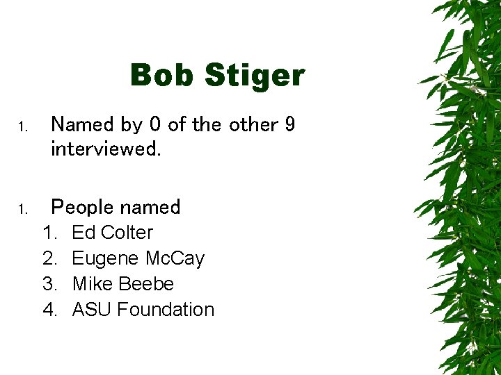 Bob Stiger 1. Named by 0 of the other 9 interviewed. 1. People named