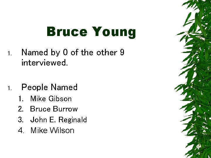 Bruce Young 1. Named by 0 of the other 9 interviewed. 1. People Named