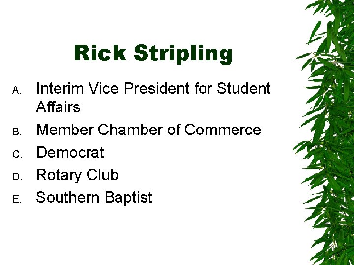 Rick Stripling A. B. C. D. E. Interim Vice President for Student Affairs Member