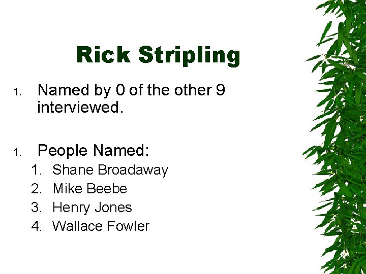 Rick Stripling 1. Named by 0 of the other 9 interviewed. 1. People Named: