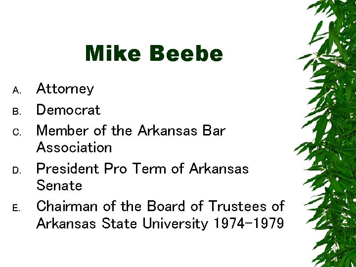 Mike Beebe A. B. C. D. E. Attorney Democrat Member of the Arkansas Bar