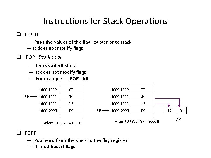 Instructions for Stack Operations q PUSHF — Push the values of the flag register