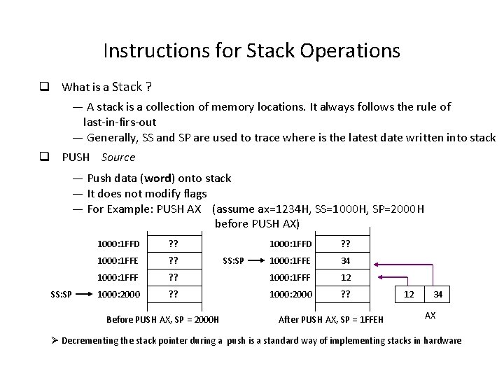 Instructions for Stack Operations q What is a Stack ? — A stack is