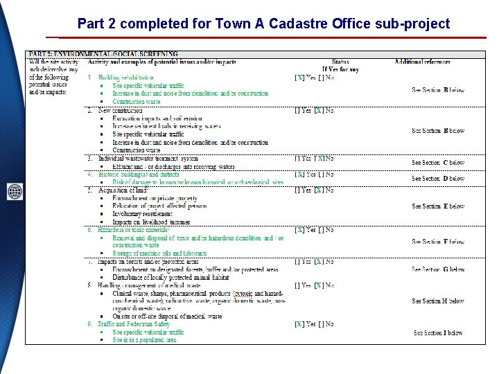 Part 2 completed for Town A Cadastre Office sub-project 