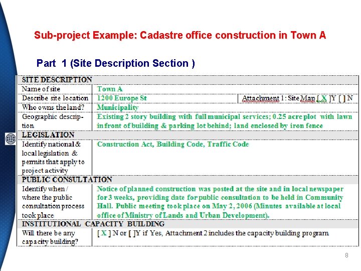 Sub-project Example: Cadastre office construction in Town A Part 1 (Site Description Section )