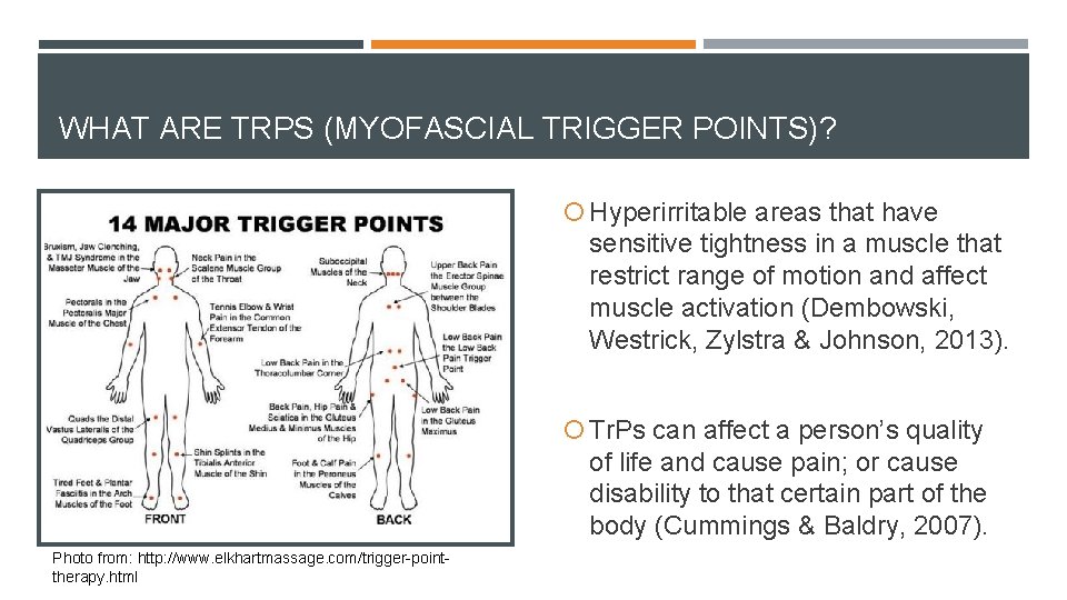 WHAT ARE TRPS (MYOFASCIAL TRIGGER POINTS)? Hyperirritable areas that have sensitive tightness in a