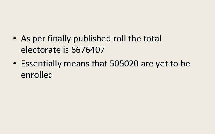  • As per finally published roll the total electorate is 6676407 • Essentially