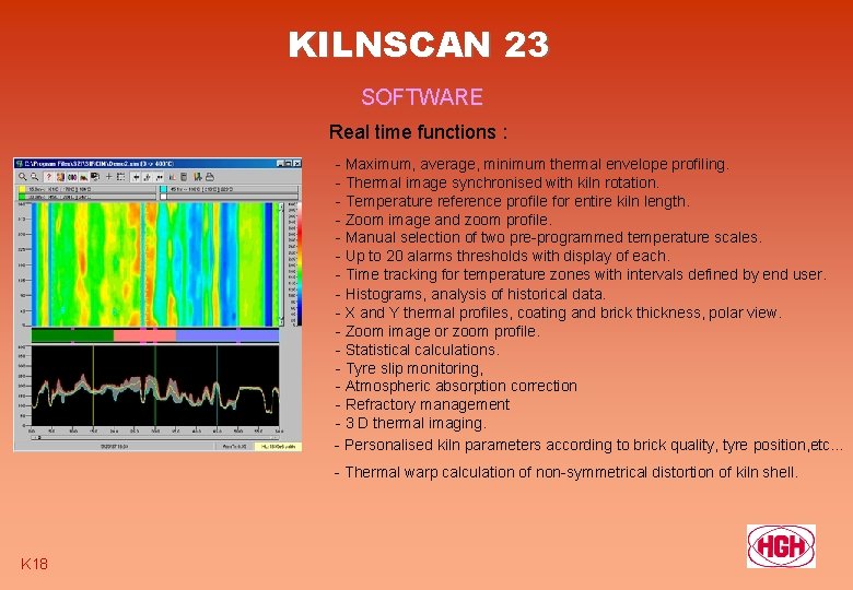KILNSCAN 23 SOFTWARE Real time functions : - Maximum, average, minimum thermal envelope profiling.