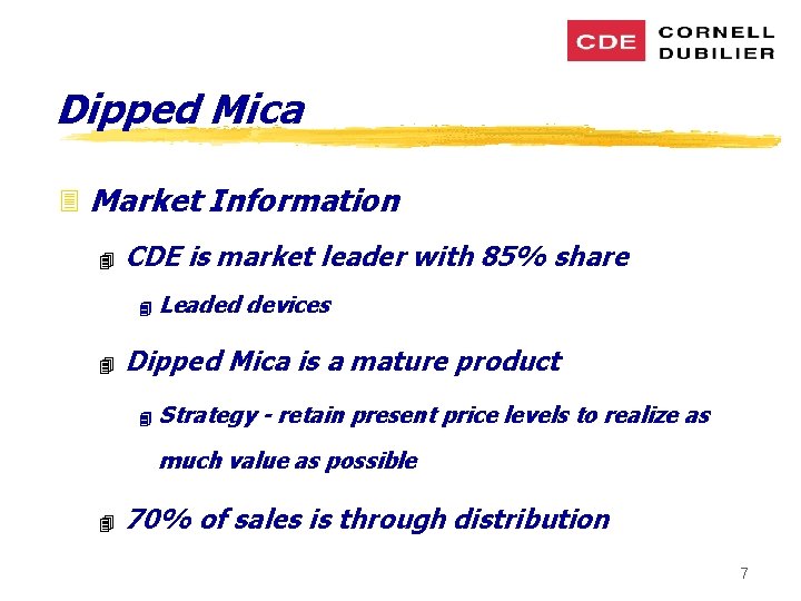 Dipped Mica 3 Market Information 4 CDE is market leader with 85% share 4