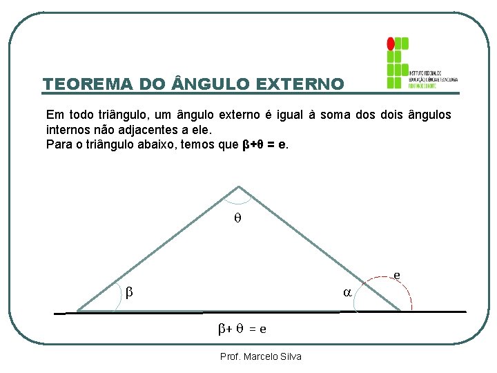 TEOREMA DO NGULO EXTERNO Em todo triângulo, um ângulo externo é igual à soma