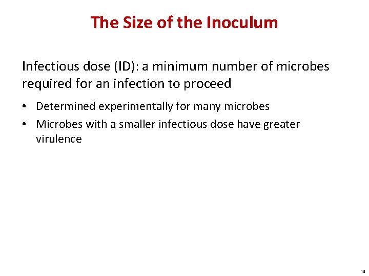 The Size of the Inoculum Infectious dose (ID): a minimum number of microbes required