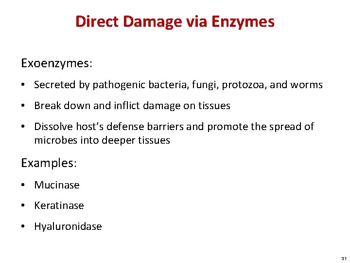 Direct Damage via Enzymes Exoenzymes: • Secreted by pathogenic bacteria, fungi, protozoa, and worms