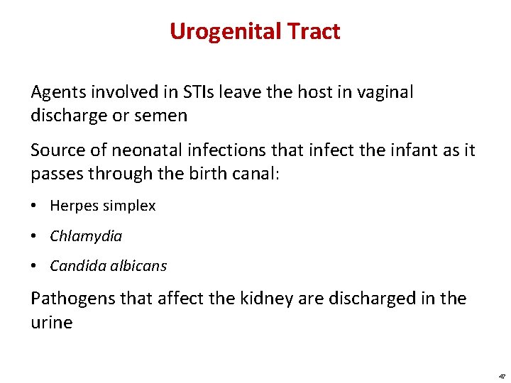 Urogenital Tract Agents involved in STIs leave the host in vaginal discharge or semen