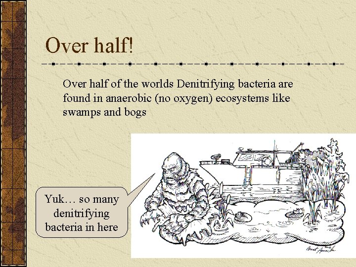 Over half! Over half of the worlds Denitrifying bacteria are found in anaerobic (no
