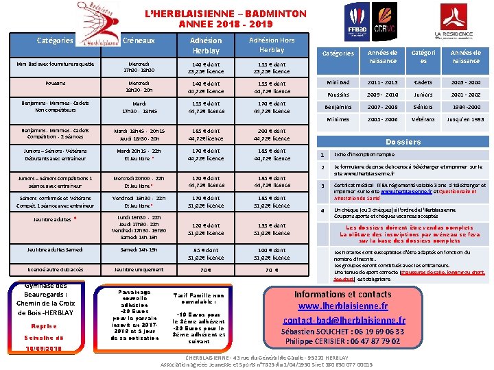 L’HERBLAISIENNE – BADMINTON ANNEE 2018 - 2019 Catégories Créneaux Adhésion Herblay Adhésion Hors Herblay