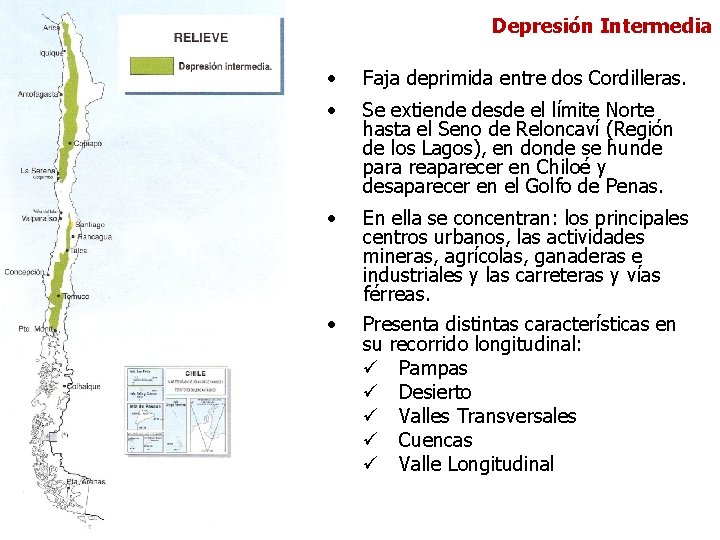 Depresión Intermedia • Faja deprimida entre dos Cordilleras. • Se extiende desde el límite