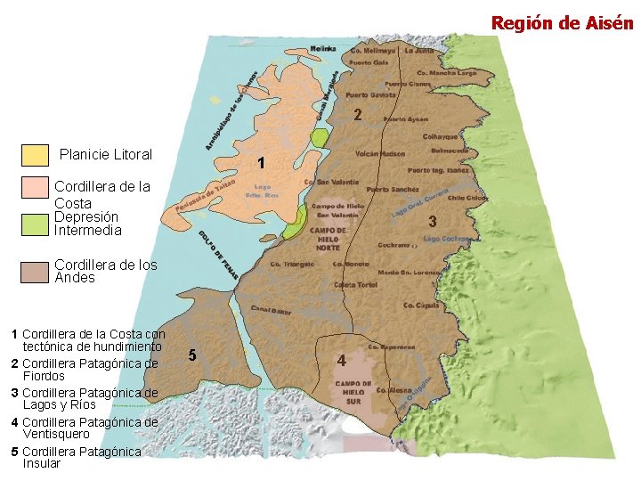 Región de Aisén 2 Planicie Litoral 1 Cordillera de la Costa Depresión Intermedia 3