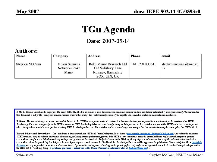 May 2007 doc. : IEEE 802. 11 -07/0593 r 0 TGu Agenda Date: 2007