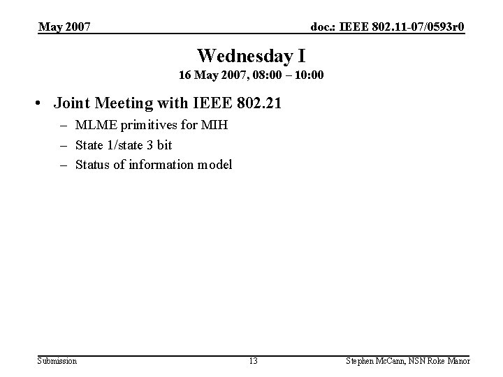 May 2007 doc. : IEEE 802. 11 -07/0593 r 0 Wednesday I 16 May