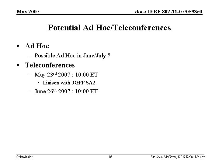 May 2007 doc. : IEEE 802. 11 -07/0593 r 0 Potential Ad Hoc/Teleconferences •