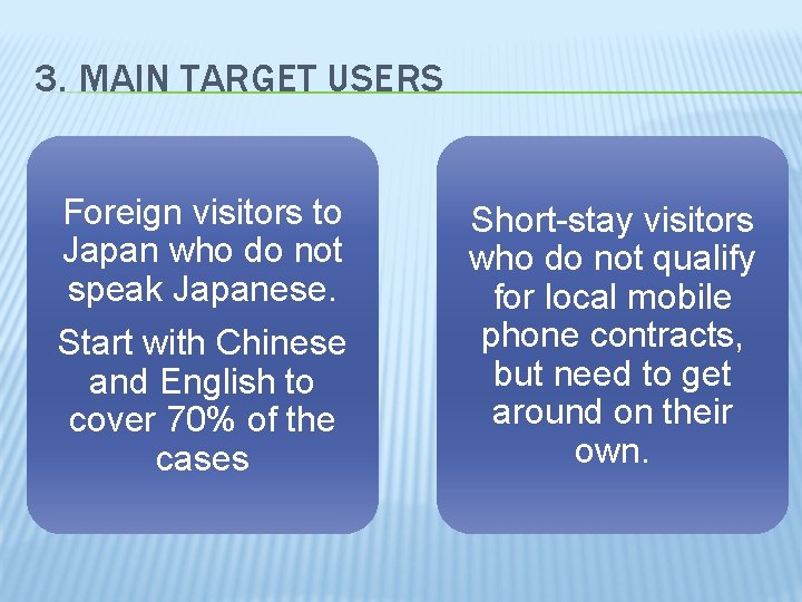 3. MAIN TARGET USERS Foreign visitors to Japan who do not speak Japanese. Start
