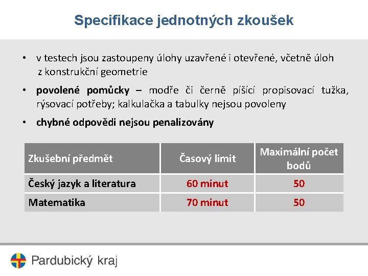 Specifikace jednotných zkoušek • v testech jsou zastoupeny úlohy uzavřené i otevřené, včetně úloh