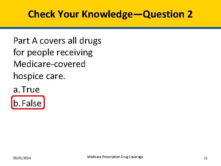 Check Your Knowledge—Question 2 Part A covers all drugs for people receiving Medicare-covered hospice