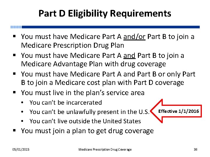 Part D Eligibility Requirements § You must have Medicare Part A and/or Part B