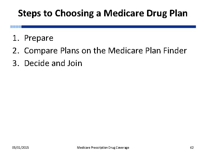 Steps to Choosing a Medicare Drug Plan 1. Prepare 2. Compare Plans on the