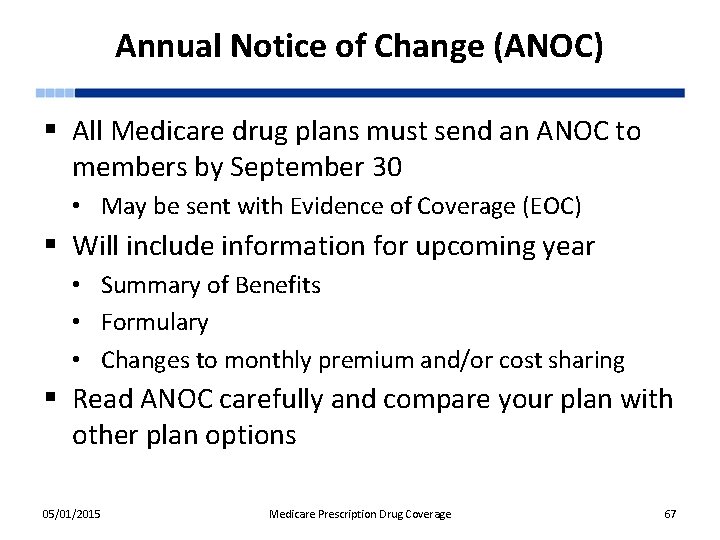 Annual Notice of Change (ANOC) § All Medicare drug plans must send an ANOC