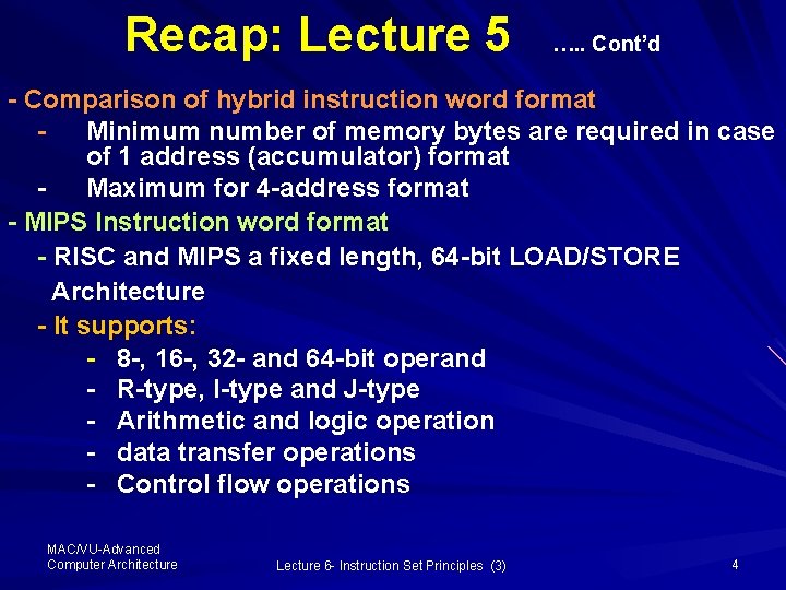 Recap: Lecture 5 …. . Cont’d - Comparison of hybrid instruction word format Minimum