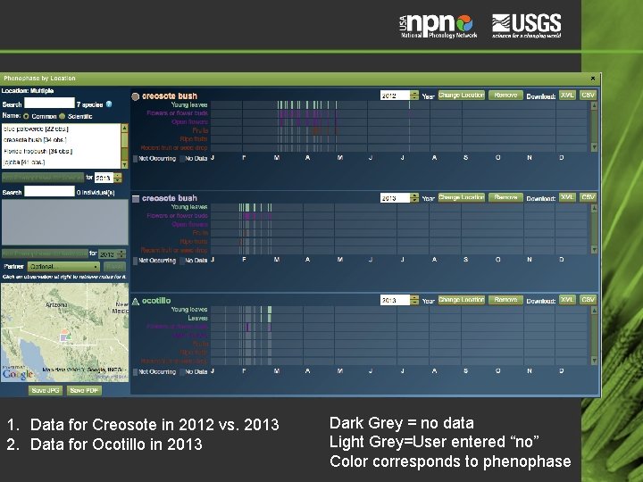 1. Data for Creosote in 2012 vs. 2013 2. Data for Ocotillo in 2013