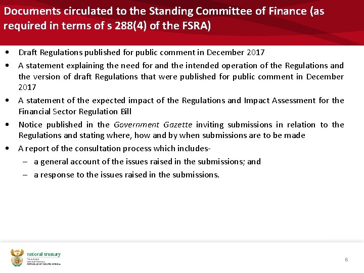 Documents circulated to the Standing Committee of Finance (as required in terms of s