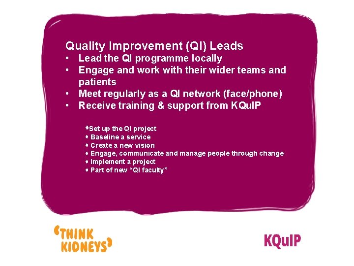 Quality Improvement (QI) Leads • Lead the QI programme locally • Engage and work