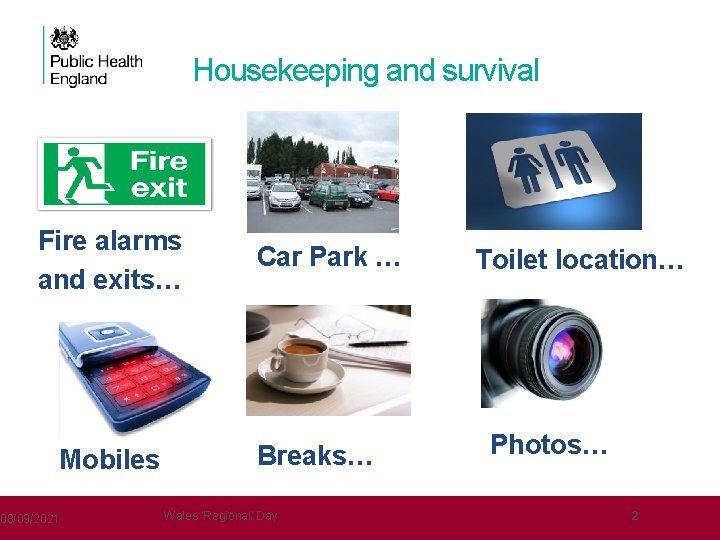 Housekeeping and survival Fire alarms and exits… Mobiles 08/09/2021 Car Park … Breaks… Wales.